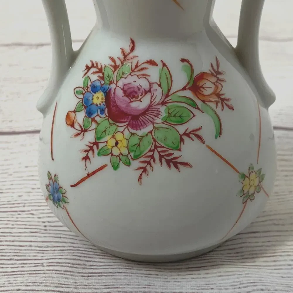 Vintage Japanese Double Handle Ceramic Vase Floral Motif Art Deco 4 5/8